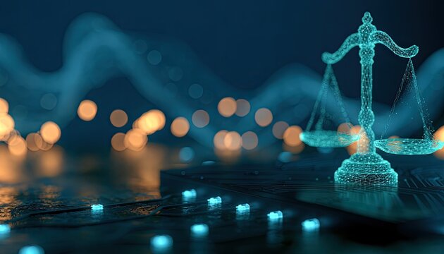 Digital scales of justice on abstract circuit board background, blue glow