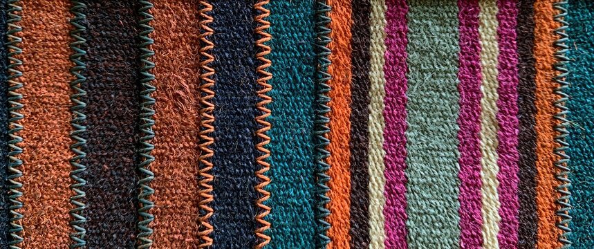 Colorful woven textile with vertical stripes and zigzag stitching