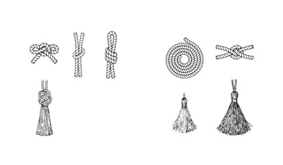 Vintage style hand drawn set featuring various nautical rope knots and decorative silk tassels. © mkpn
