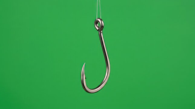 Fishing Hook on Green Background Closeup.