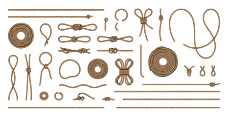 Collection of realistic nautical rope knots and twisted cord segments for maritime design projects © mkpn