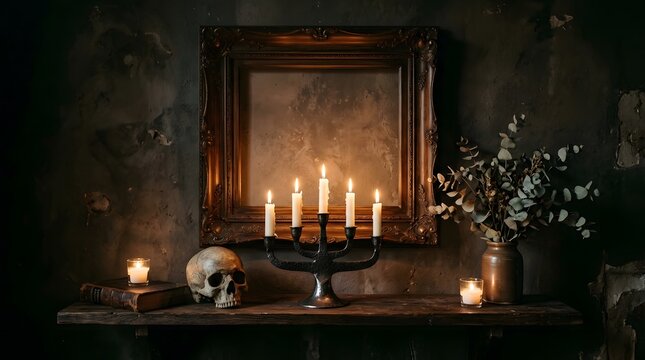 Spooky happy halloween still life skull candles and vintage frame