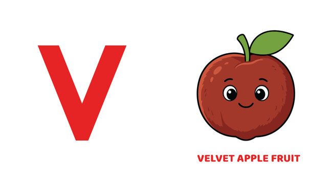 V Letter with Cute Velvet Apple Character for Kids Education