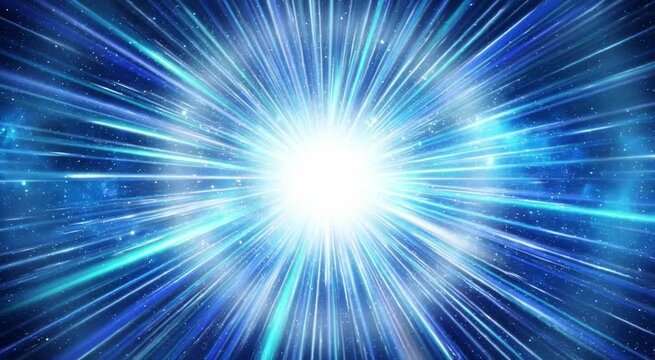 Abstract cosmic big bang explosion with bright blue light rays and stars in deep space warp speed background