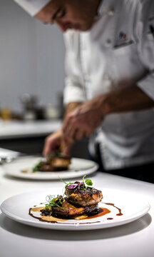 High-end chef plating gourmet fine dining dish in studio kitchen, artistic composition, dramatic soft lighting, detailed textures of food and plating, minimalistic background, luxury culinary concept.