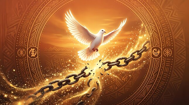 White dove flying over broken chains. Symbol of freedom and peace with golden light effects.