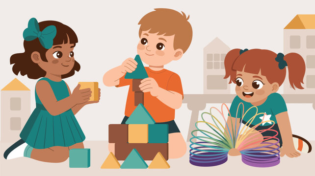 Happy multicultural children playing with colorful building blocks and a rainbow slinky toy in a bright room