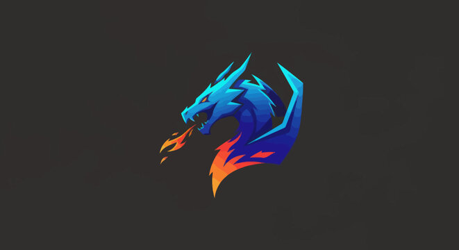 Stylized geometric dragon spitting fire, blue-to-orange gradient, centered on a dark grey background