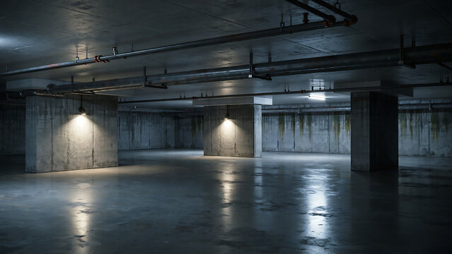 Dimly lit empty concrete parking garage interior with pillars, concrete