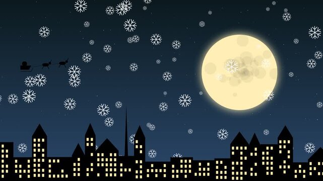 Santa claus flying over city skyline with full moon and falling snowflakes