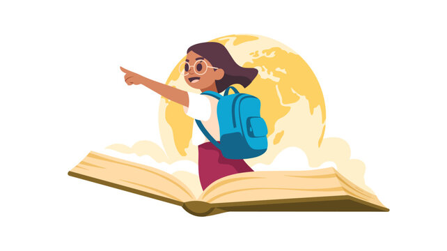 Happy student with backpack flying on an open book discovering the world