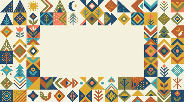 Colorful patchwork geometric pattern with ethnic decorative elements in vibrant mosaic style