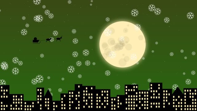Santa claus sleigh flying over city skyline with full moon and falling snow