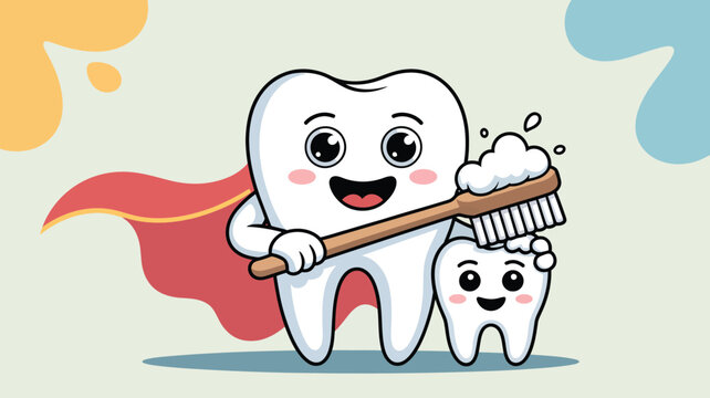 Happy superhero tooth character diligently brushes a smaller tooth with a foamy toothbrush