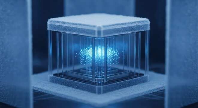 Futuristic Quantum Computer Core Glowing with Blue Energy.