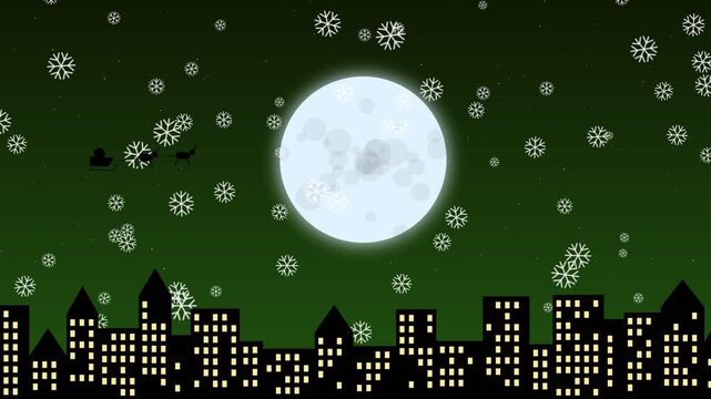 Santa claus sleigh flying over city skyline with full moon and falling snow