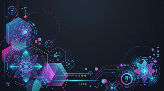 Futuristic geometric robot in neon abstract digital space with glowing particles and circuits