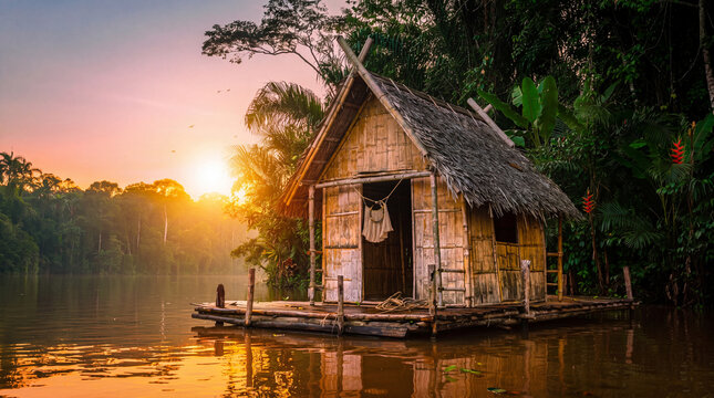 Serene Floating Bamboo Cabin on Tropical Rainforest River During Golden Hour