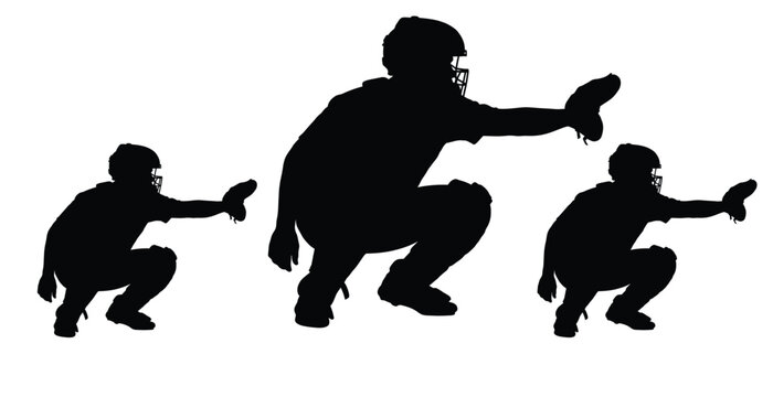 Baseball catcher silhouette set in crouching position for sports design and team graphics