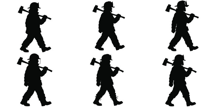 Firefighter silhouette collection with heavy axe for emergency services and safety concepts