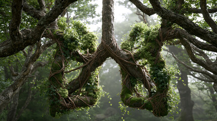 Fototapeta premium Lush Moss Hanging From Old Trees in Foggy Woodland