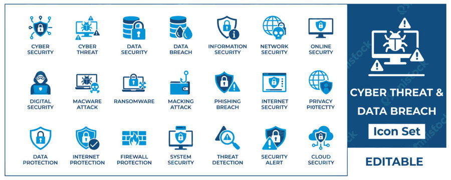 Comprehensive cyber security and data breach icon set for digital protection and threat analysis