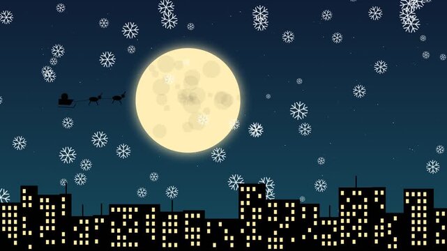 Santa claus flying in sleigh over city skyline at night with falling snowflakes