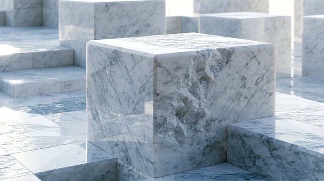 Abstract White Stone Cubes and Steps With Glossy Surface