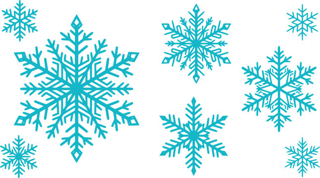 Blue snowflakes scattered across a white background during winter with a crisp clean style