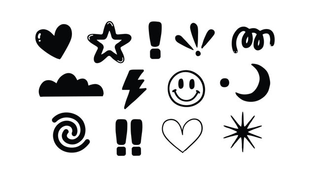 Black and white doodle style emoticon and symbol vector illustration isolated on white background.