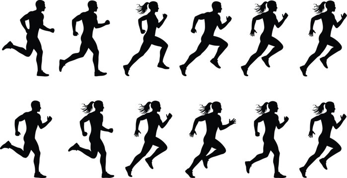 Running silhouette sequence, male female figures, black runners, stride cycle, motion pose, athletic form, white background, sport, fitness, training