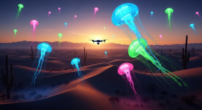 Desert Sunset Fantasy - Glowing Jellyfish and Drone Flight.