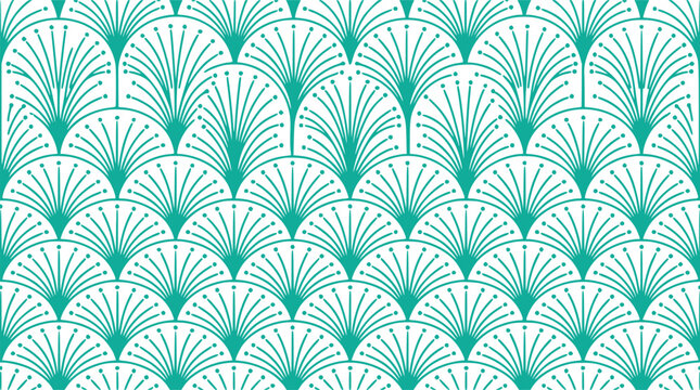 Art Deco seamless pattern with teal fan motifs. Elegant geometric wallpaper background. Vintage style repeating floral scales for textile design.