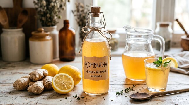 Homemade ginger and lemon kombucha in glass bottle with rustic label on wooden kitchen table featuring fresh ingredients for healthy fermented probiotic beverage preparation