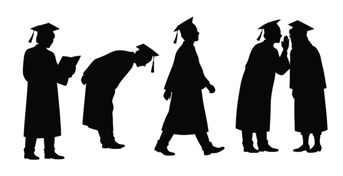 Group of graduate students in black robes and caps in various poses, vector silhouette set.
