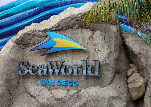 San Diego, CA USA on July 13, 2019. SeaWorld San Diego entrance sign. Animal theme park, outside aquarium.