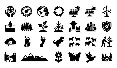 Obraz premium Flat Black Nature Icon Pack with Earth Balance Environmental Protection and Eco Sustainability Vector Collection