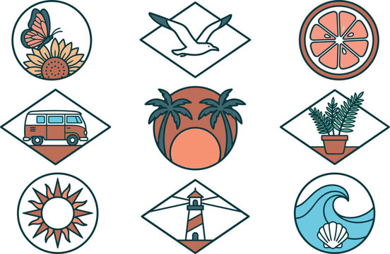 Vector retro summer beach travel emblem patch badge line icon set featuring palm trees sunset van lighthouse wave sunflower and seagull elements