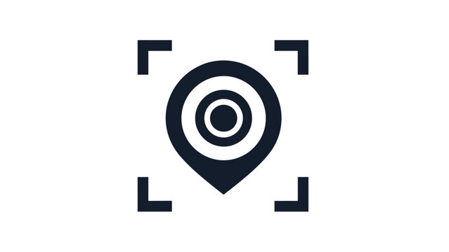 A dark blue map pin icon with concentric circles inside, centered within a target reticle
