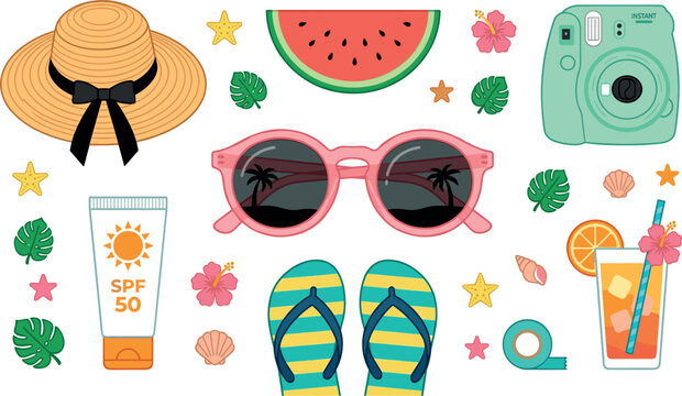 Vector colorful summer beach vacation elements vector illustration set featuring sunglasses straw hat instant camera flip flops sunscreen and cocktail drinks