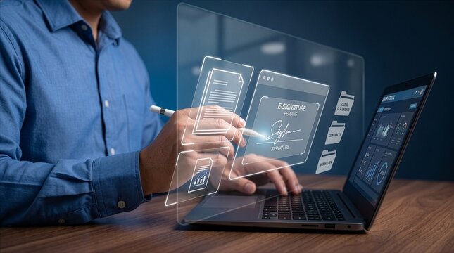 Electronic signature or e-signing. Document Management System (DMS). Digital online document database and paperless office. Businessman is sign signature. New