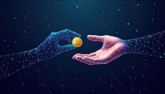 Glowing wireframe hands blue and pink exchanging a golden cryptocurrency coin on a dark abstract digital network background symbolizing secure financial transfer.