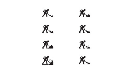 Fototapeta premium Collection of construction worker icons with shovel digging soil in flat black vector style