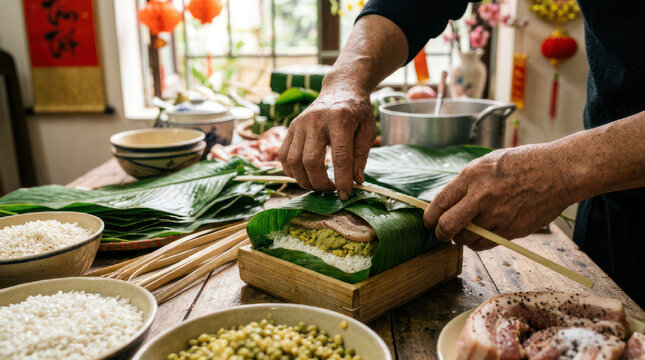 Hands preparing traditional food wrapped in green leaves.