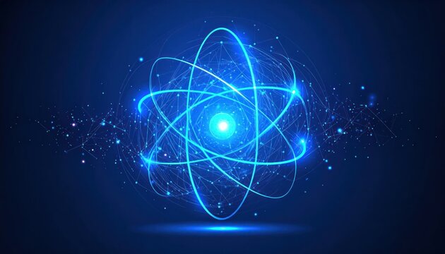Glowing blue abstract atom model with orbiting electrons and connected network particles against a dark futuristic background representing science and technology.