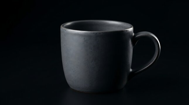 A dark gray coffee mug sits on a black surface against a black background.