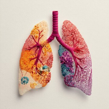 Artistic representation of human lungs showing detailed bronchial tree with colorful, intricate floral and cellular patterns.