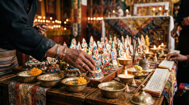 Tibetan Buddhist altar with many small statues and offerings.