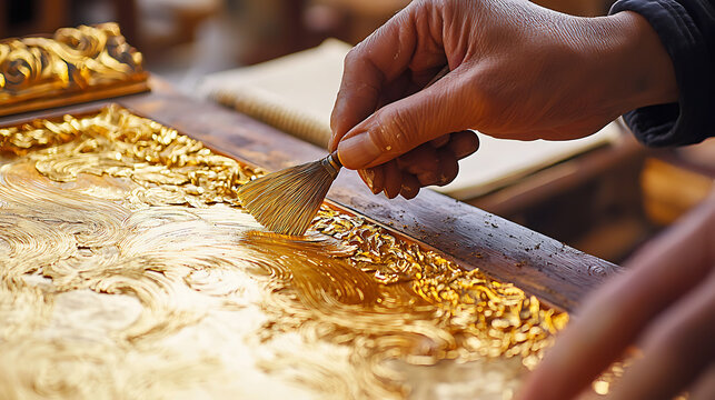 Artisan applying gold leaf to ornate wooden surface with a brush