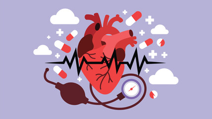 Fototapeta premium Human heart with a heartbeat line, medical pills, and blood pressure monitor